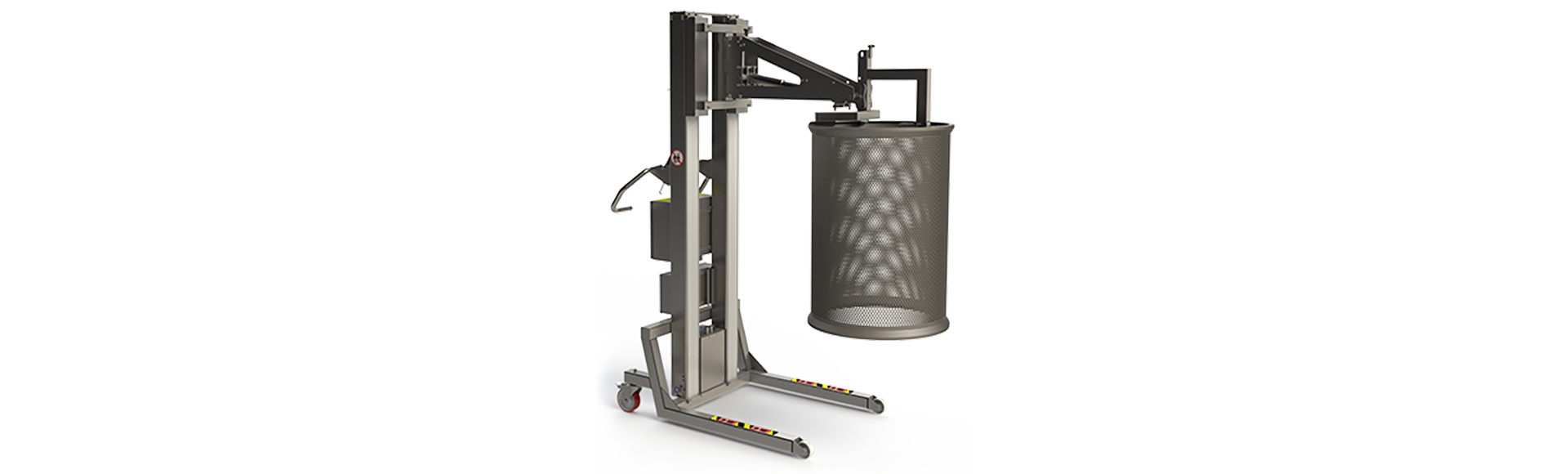 Smart, customised, industrial lifting system with a manual gripper to lift and tip a large filter. 2Lift ApS.