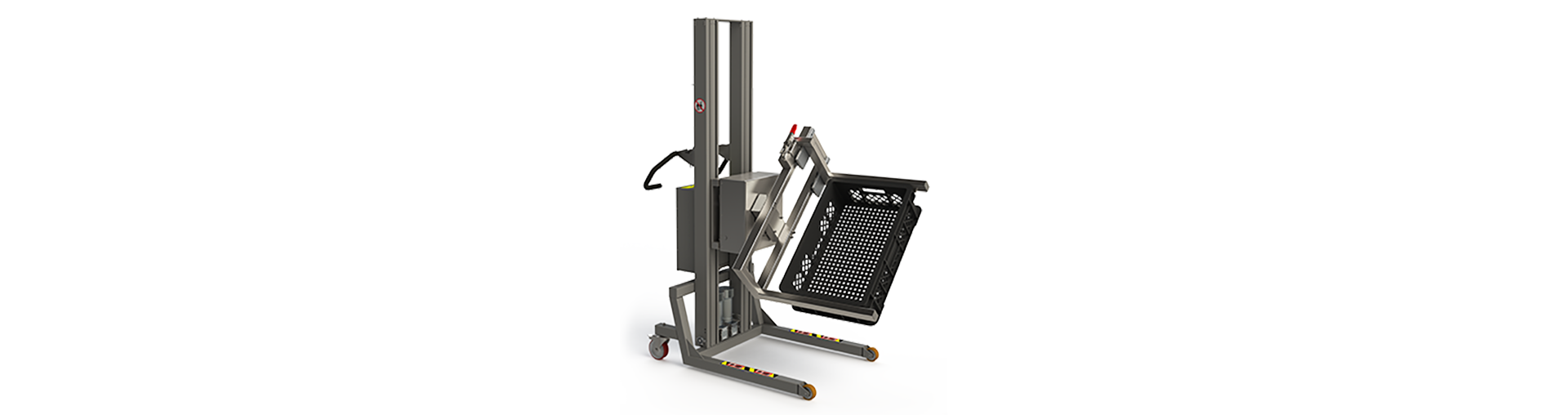 Intelligent handling machine with custom designed fork to lift and empty an ERU black plastic box. 2Lift ApS.