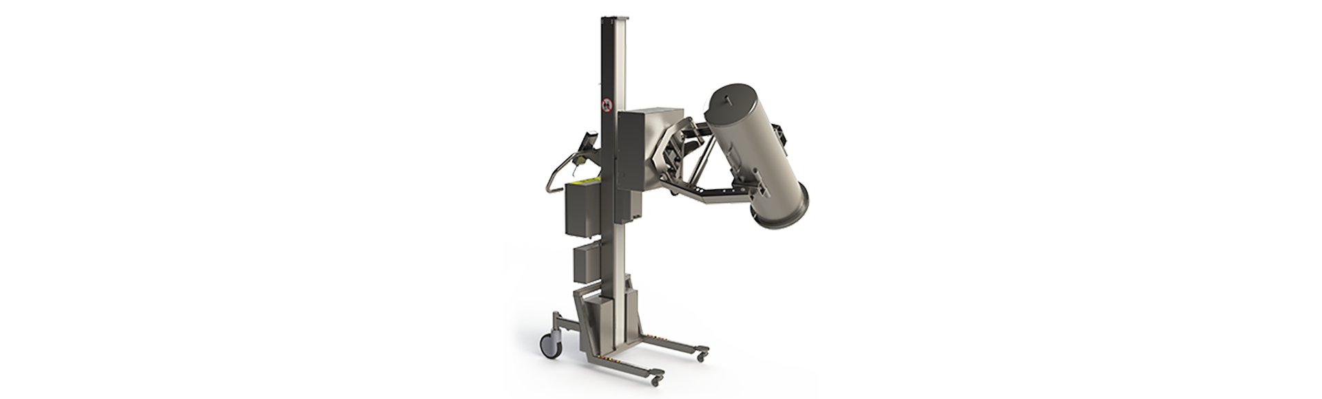 Bespoke cleanroom electric lifter for handling (lifting and rotating) a filter housing (cylinder object). The lifter tool consists of a rotation unit with a scissor lift clamp. 2Lift ApS.