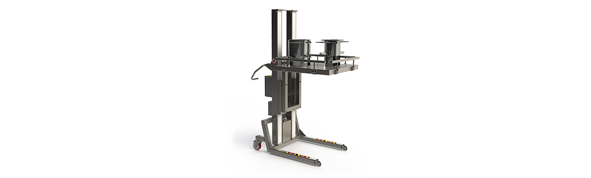 Lifting apparatus with a custom designed metal platform with a supportive railing. For lifting vessels in a pharmaceutic environment. 2Lift ApS.