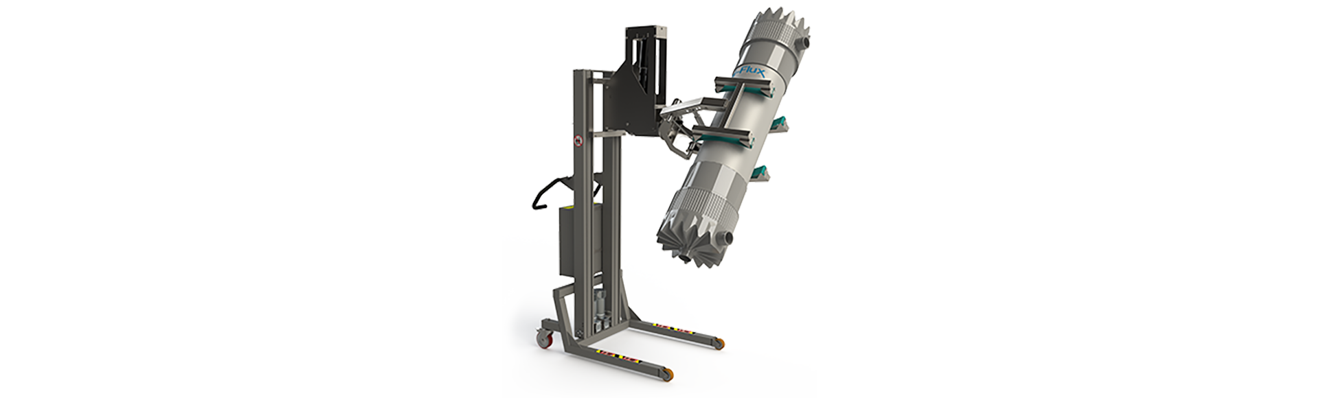 Specially designed electric cylinder handling equipment. This scissor lifting clamp can grip, tip and turn cylinders. 2Lift ApS.