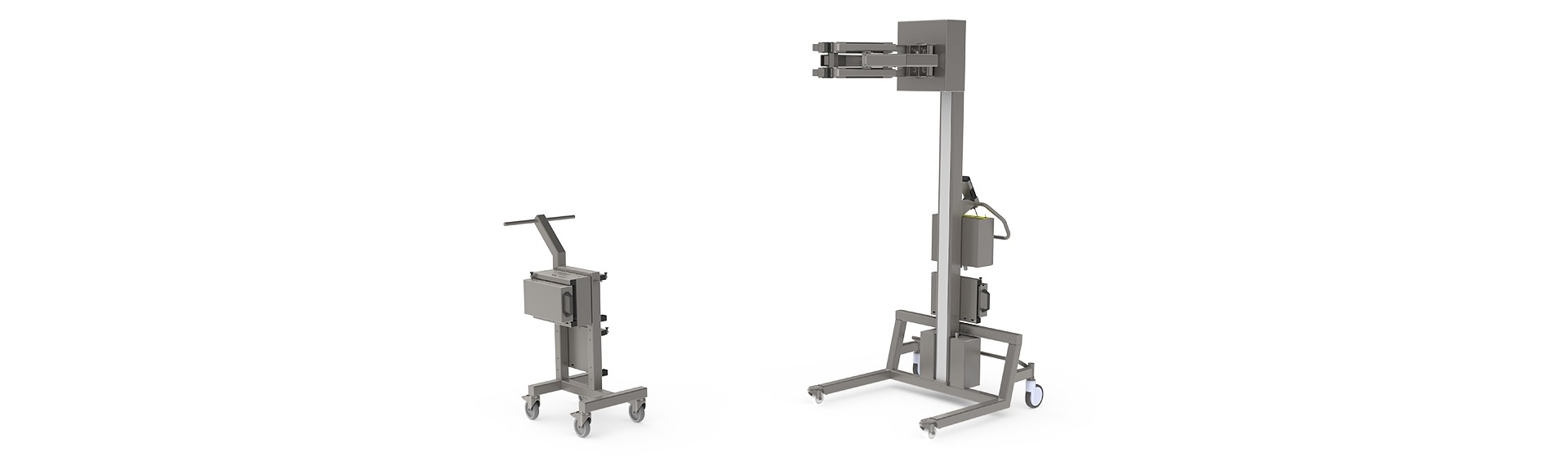 We offer an extra battery for lift equipment. Image of a trolley with holder for extra batteries and a lifter with an extra battery mounted on the lifting column.