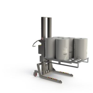 This pallet lift with a simple fork can lift goods up to 250 kg. Here it is lifting a pallet with heavy rolls.