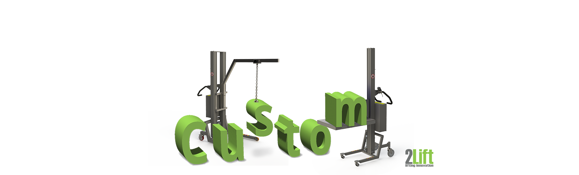 We offer industrial material handling bespoke solutions. Image of the letters "custom" with a crane lifter holding the "s" and a lifting machine with a platform holding the letter "m".