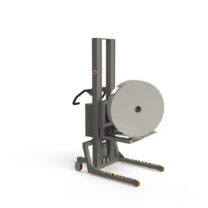 This electric lift for handling rolls has a non-through the core solution in terms of a V-block.
