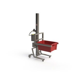 This lifting device is equipped with a simple fork that can be used to handle everything from pallets and various types of boxes.
