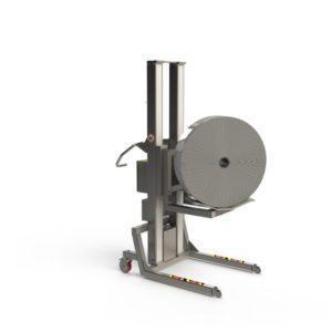 This stainless steel roll lifter for pharma features a V-block mounted on a boom arm for external roll handling.