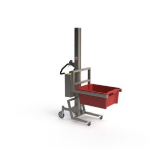 On this industrial lifting device we have attached a simple fork to lift e.g. boxes and pallets. Here it is handling a red plastic box.