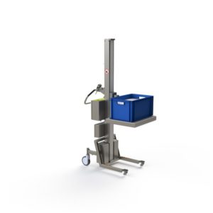This electric lifting device for use in the pharma industry is equipped with a metal platform for handling e.g. boxes.