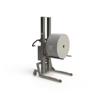 This electric lifter with a double mandrel is ideal for heavy paper handling.