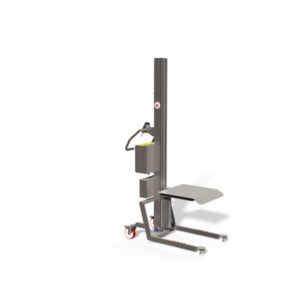 This battery operated lifting apparatus features a metal platform with a sliding edge to ease on and off-loading.