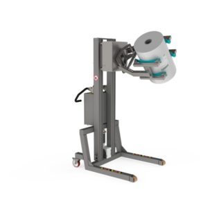 Strong and durable roll lifting equipment for lifting and rotating rolls. The roll is held externally with a scissor lifting clamp.