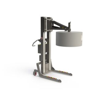 This is a fully electric roll handling machine able to lift and tip rolls in a clean room environment.