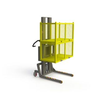 Electric pallet handling equipment for lifting a broad variety of loads. Here two empty cages.
