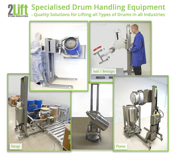 Specialised drum handler equipment for lifting all manners of drums and vessels in industries such as pharma, food and beverages, storage.