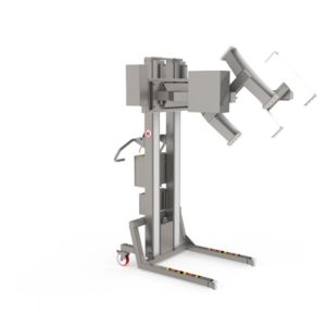 This electric lifting machinery for use in pharmaceutical settings can lift and tip drums and other vessels.
