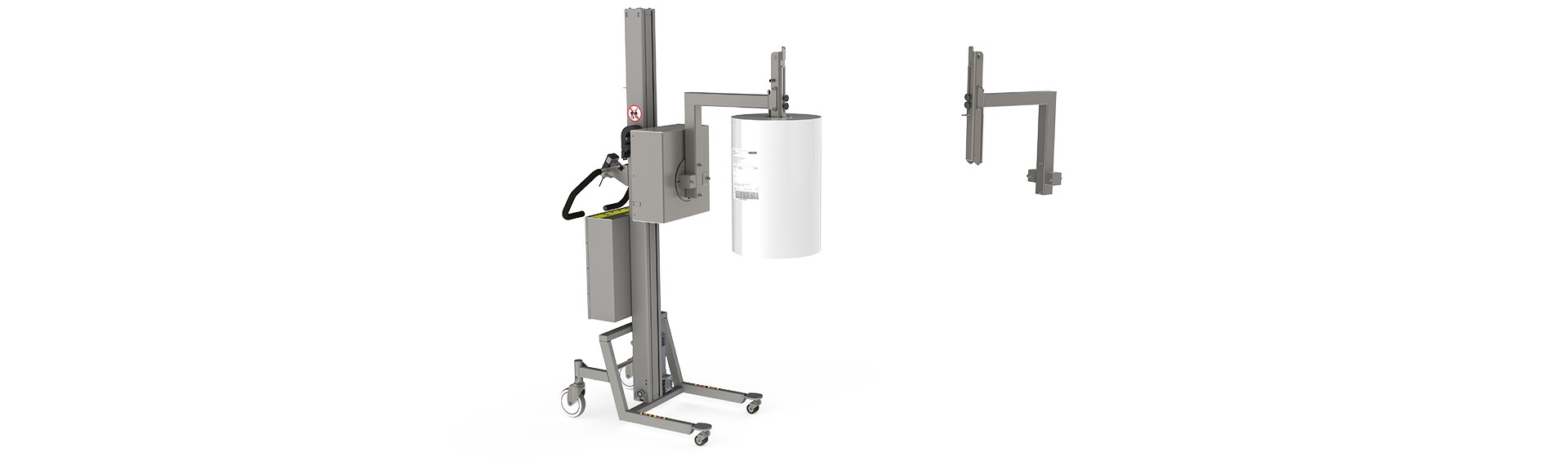 The electric expander unit (EEU) is a roll lifting device that can grab rolls through the core. Here the EEU is combined with a rotation unit that can turn the roll.