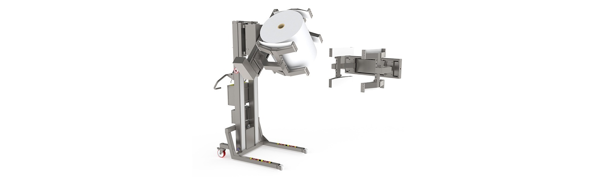 The electric linear clamp (ELC) is usually used as roll or drum handling equipment. Here the ELC is mounted on a pharma lifter and is lifting and turning a large roll.