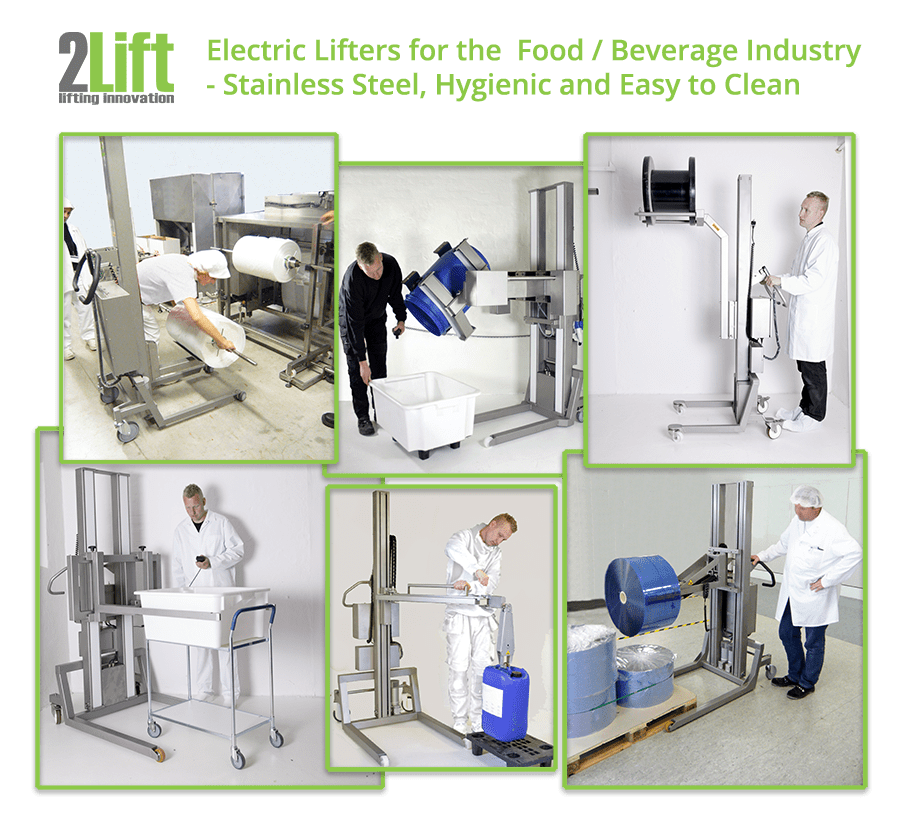 Hygienic, easy to clean, stainless steel electric lifter equipment for the food and beverage industry.
