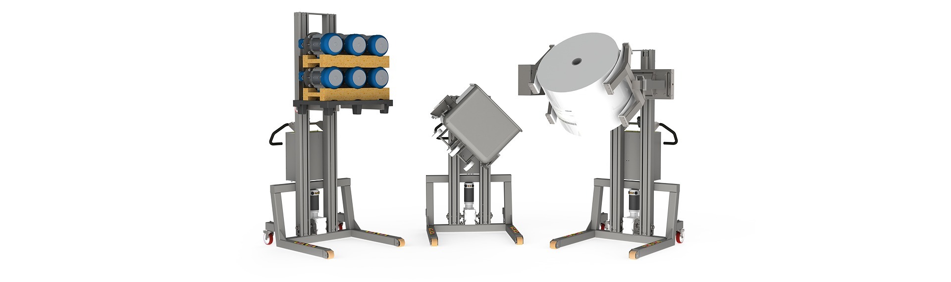 Strong electric lifts able to handle up to 500 kg (including lifting tool). Examples of minilifts lifting a pallet with motors, a container and a large paper roll.