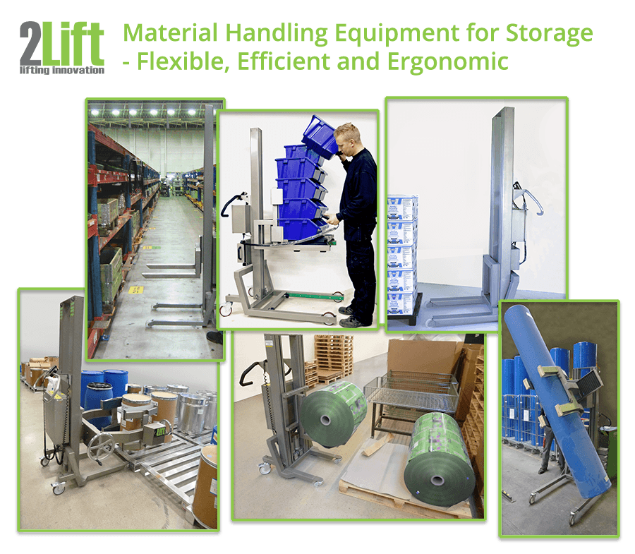 Electric storage handling machinery for lifting heavy boxes, drums, pallets and rolls. 2Lift ApS.