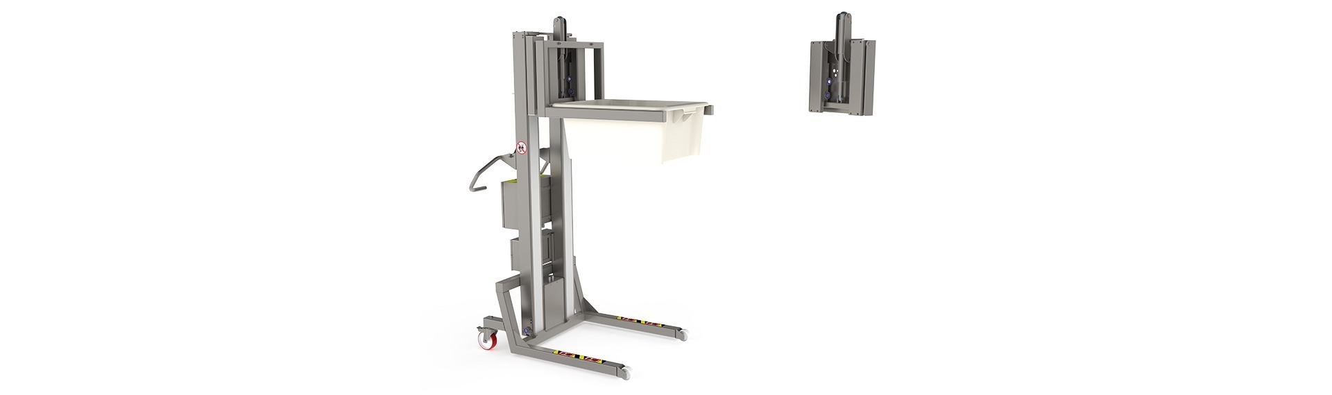 The electric leveling unit (ELU) is a lifting tool that aids to handle material / loads at a precise angle. Here the ELU is combined with a pharmaceutical lifter and is manipulating a white box.