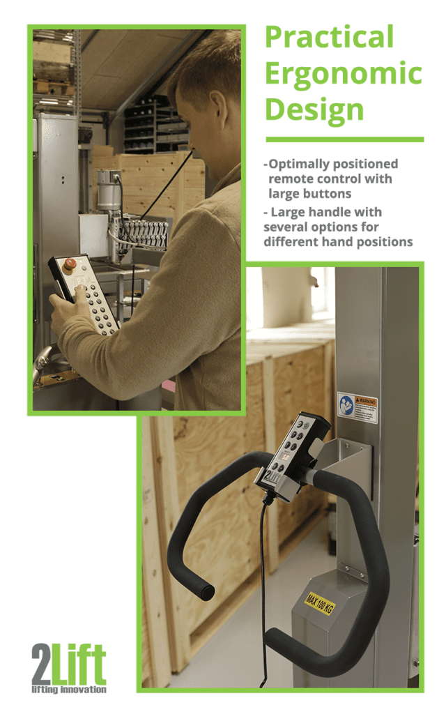 Practical ergonomic design of lifter components. Image of man pressing buttons on a remote control and another image of the ergonomic handles.