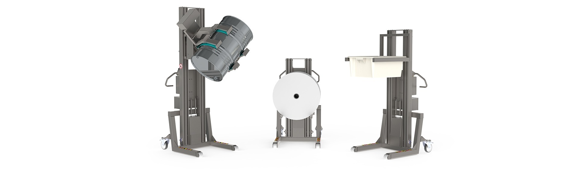 Extra powerful ergonomic lifting equipment for food production that can lift up to 500 kg (including lifting tool). Three hygienic lifters handling a drum, a roll and a box.