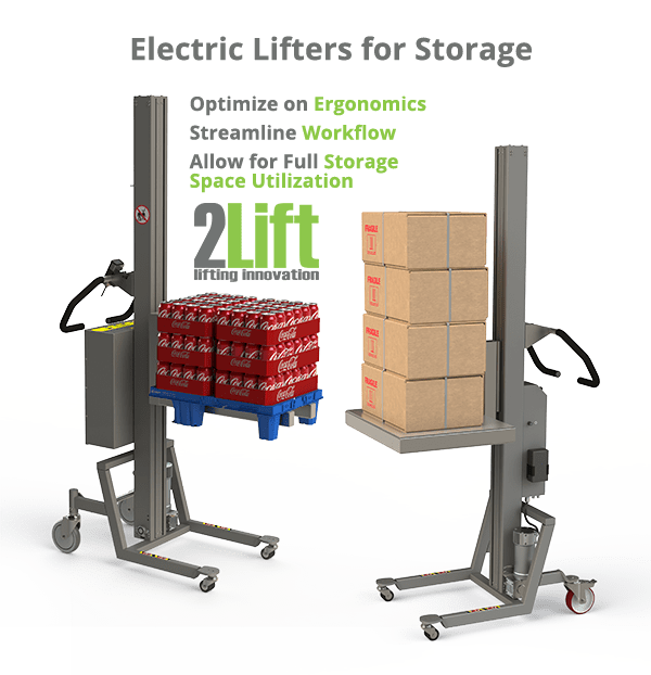 Ergonomic storage handling machinery for more efficient workflow. Easy lifting of boxes and pallets. 2Lift ApS.