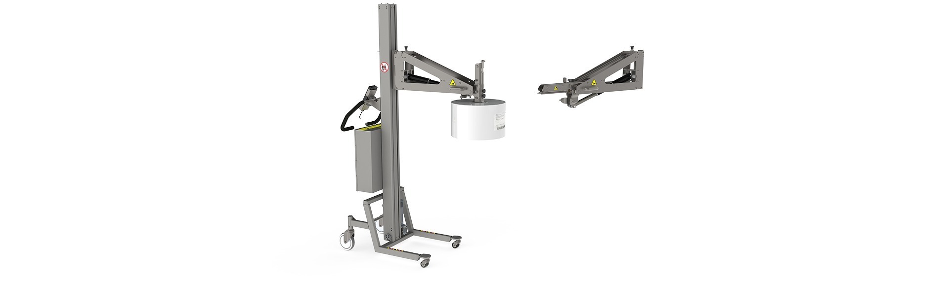 The electric roll manipulator (ERM) allows for easy roll handling through the core. The image a shows the manipulator in both a horizontal and vertical position.