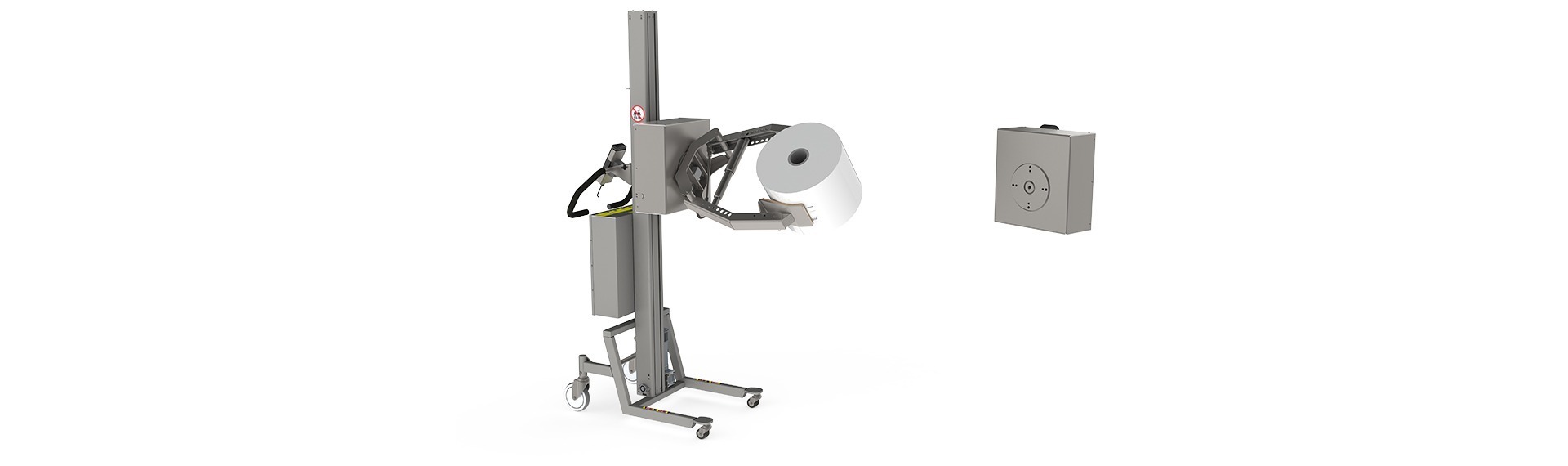 The electric rotation unit (ERU) is usually mounted on a roll or drum lifting device. The image shows an electric lifter lifting and rotating a roll via the outer diameter.