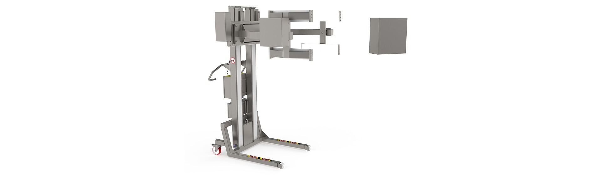 The electric tipping unit (ETU) can be used as roll or drum lifting equipment. The image shows a GMP-optimised lifter combined with the ETU and a linear clamp for forward tipping.