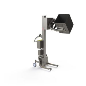 This electric lifter for cleanroom use features a special special box gripper (a scissor lift clamp and a set of padded grippers) ideal for rotating and tipping a box.