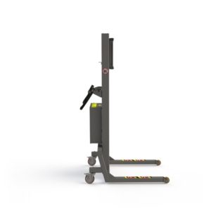Minilift in steel able to lift 300 kg with the lifting tool included, side view.