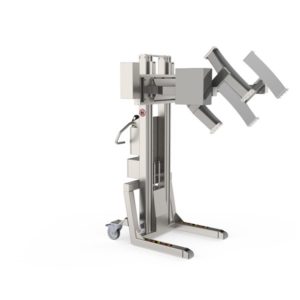 This electric drum handler in stainless steel lifts and tilts the drums via linear lift clamps and a tipping tool.