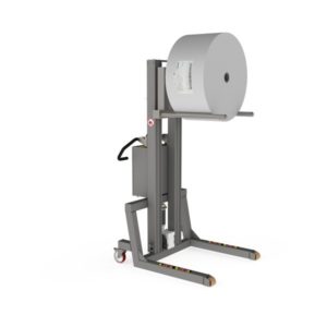Industrial lifting device for handling rolls up to 430 kg. The roll is lifted with a double mandrel.
