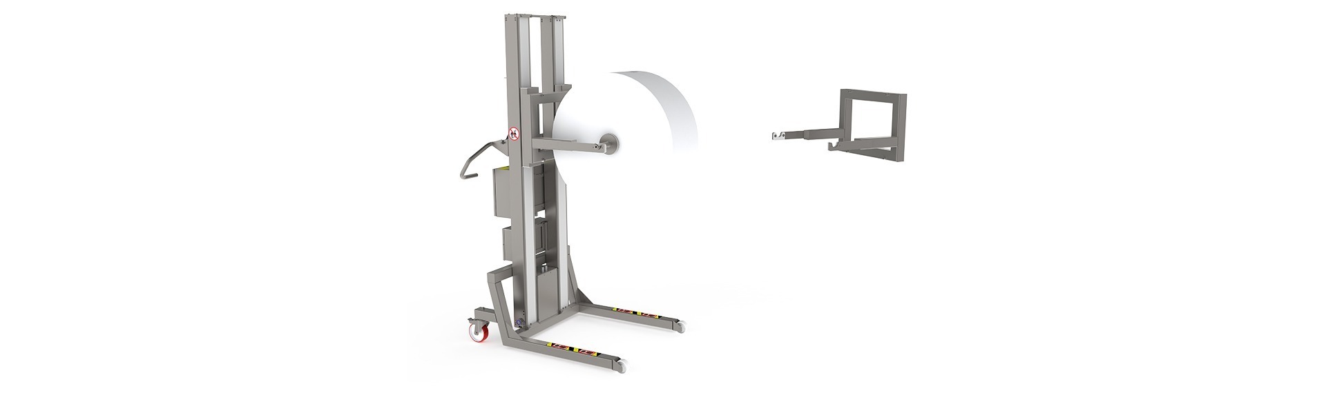 The fork with notches (FN) is designed to pick up roll shafts. Image: Roll lift in stainless steel holding a roll via its shaft.