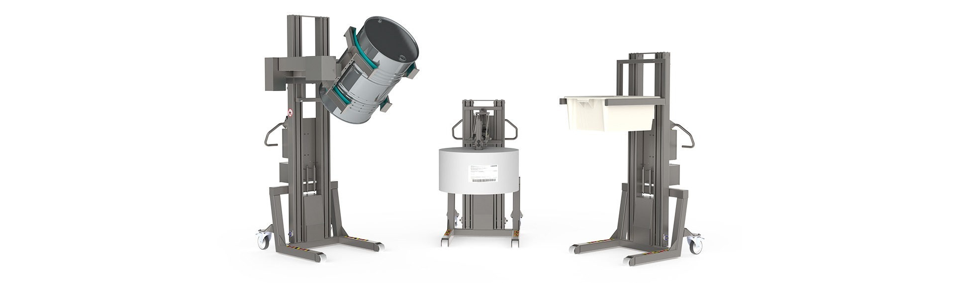 Strong material handling solutions for extra heavy loads up to 500 kg (including lifting tool). Image of vertical lifts handling a metal drum, a paper roll and a plastic box.