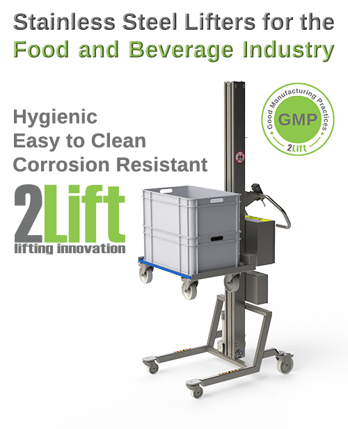 Hygienic electric lifter for the food and beverage industry. Lifting a dolly. 2Lift ApS.