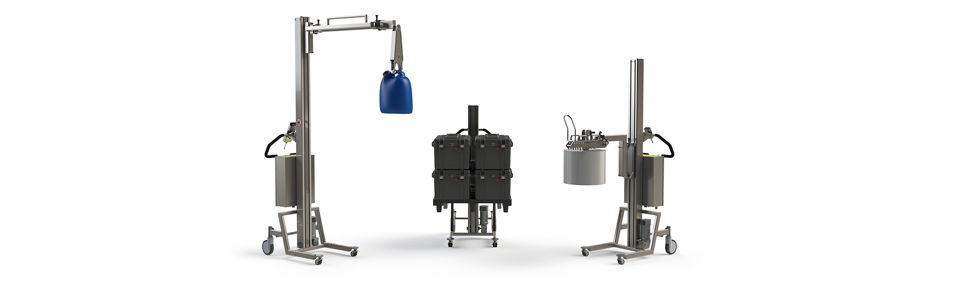 Light and versatile industrial lifting equipment able to lift up to 150 kg. (including the lifting tool). Display of lifting machinery handling different loads: a can, a pallet with boxes and a roll.