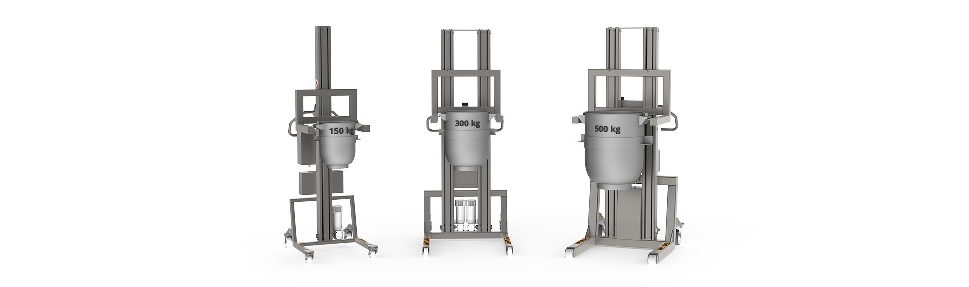 Hygienischer Lastenlift, der bis zu 150 kg, 300 kg und 500 kg handhaben kann (einschließlich Hebewerkzeug). Bild von drei batteriebetriebenen Liftern, die Behälter für die Lebensmittelproduktion halten.