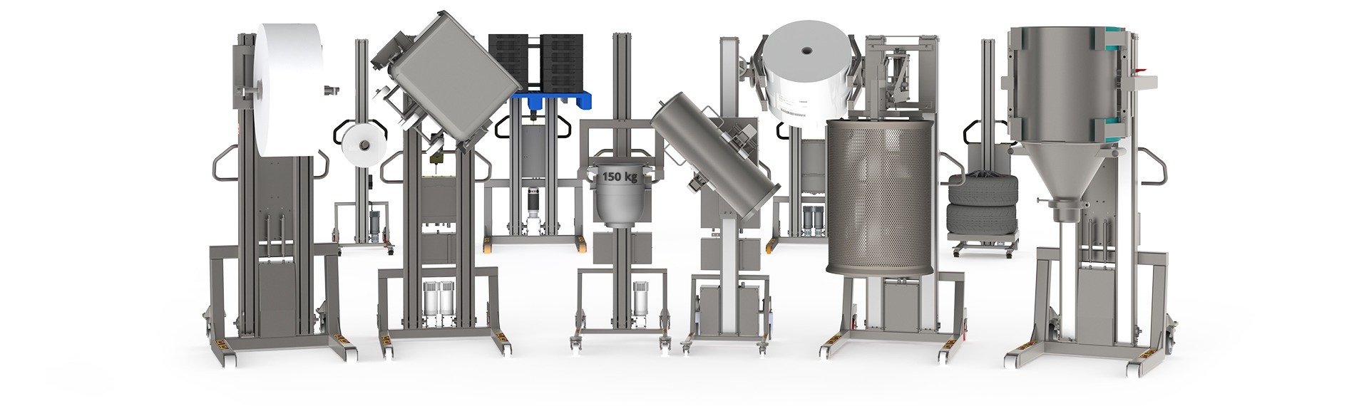 Lots of different battery operated material handling products displaying a broad variety of loads such as rolls, filters, vessels, containers, pallets and car tyres.