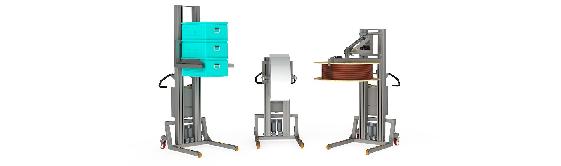 Flexible lifting aids for handling all sorts of loads up to 300 kg (including lifting tool). Here, three lifters are handling boxes, a reel and a roll.