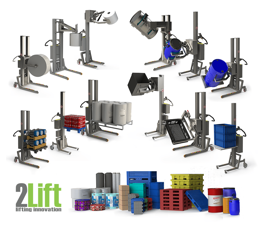 Lifting and handling solutions such as roll lifting equipment, drum handling equipment, electric pallet stacker products and lifting devices for boxes.