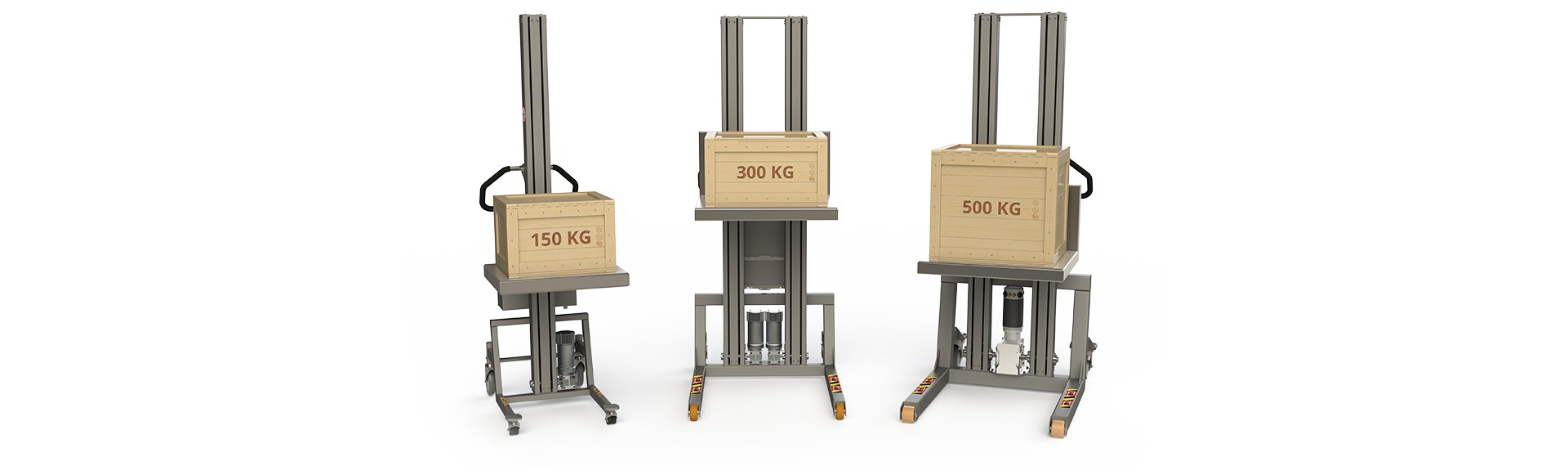 Strong lifting machinery carrying wooden boxes weighing 150 kg, 300 kg and 500 kg respectively.