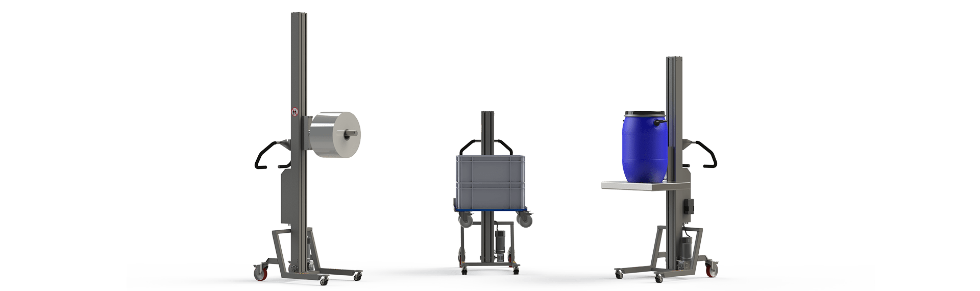 Three lightweight C-Line lifting machines lifting a paper roll with a mandrel, grey boxes with a fork and a blue drum with a platform.