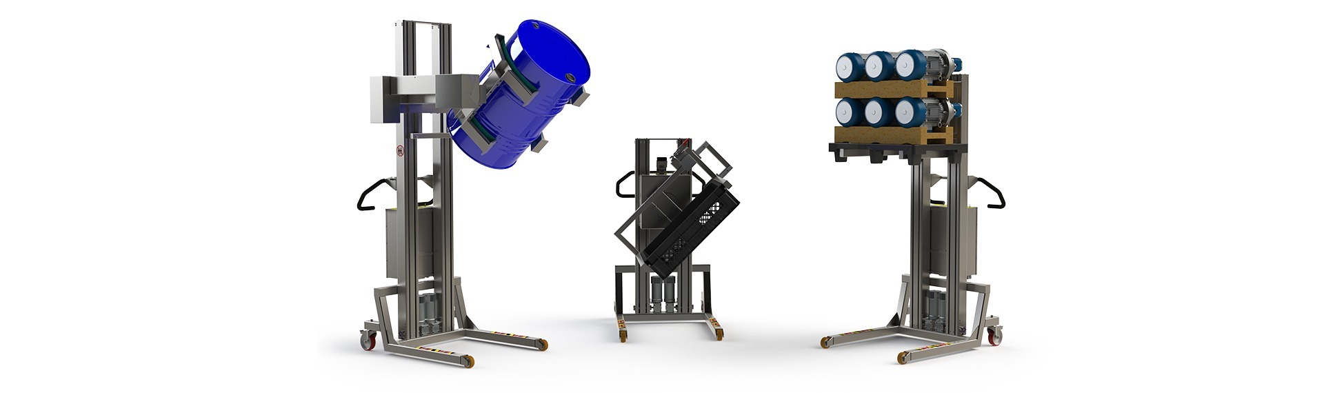 Material handling items in stainless steel that can lift up to 300 kg (including the lifting tool). Image of electric lifters handling a metal barrel, a special box and a pallet with motors.