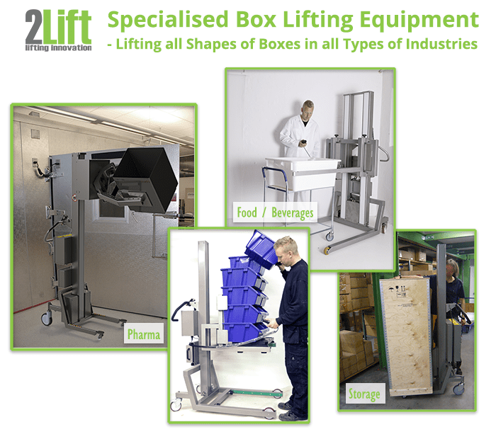 Flexible and electric material handling lift for boxes. To lift and handle all types of boxes in all types of industries. 2Lift ApS.