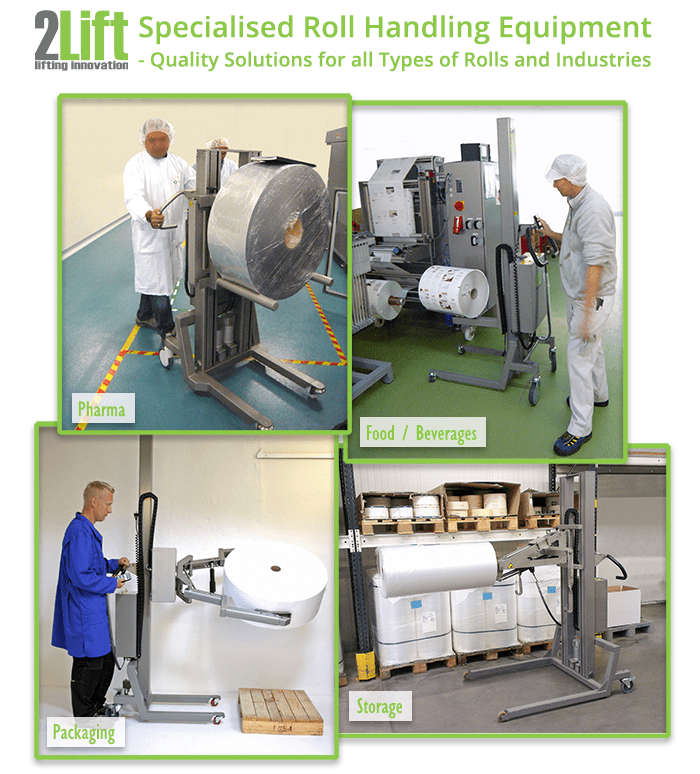Specialised material handling lift for rolls (paper, foil etc.) and reels in pharma, food and beverage, storage and packaging.