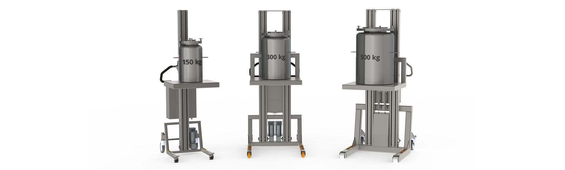 Starke, reinigungsfreundliche Materiallifte aus Edelstahl, die bis zu 150 kg, 300 kg und 500 kg heben können (inklusive Hebewerkzeug). Hier heben die Hebegeräte Metallbehälter über eine Plattform.